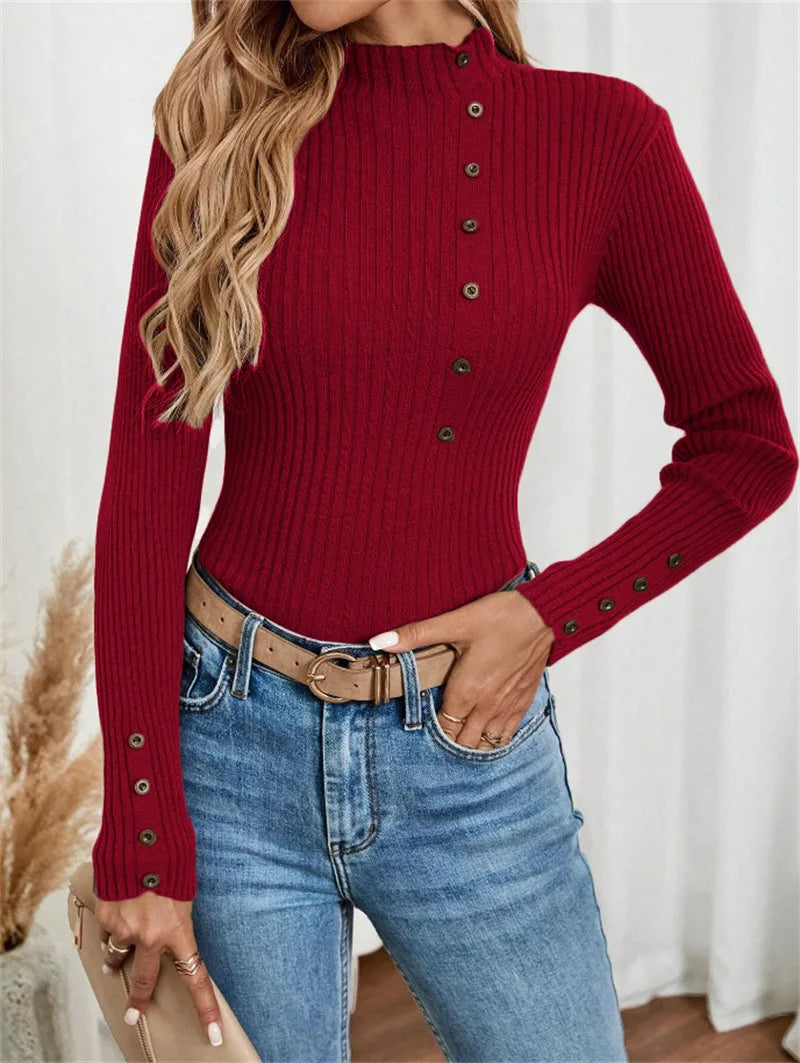 Blusa Elegante de Malha com Botões e Manga Comprida – Camada Confortável
