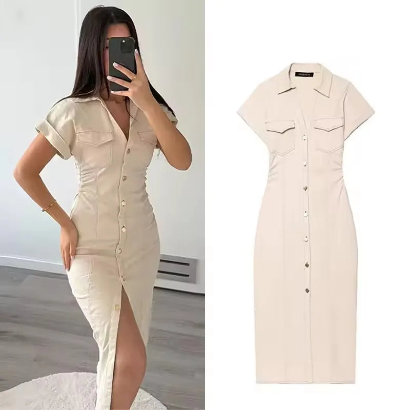 Women's Denim Midi Dress – Casual Elegance Spring/Summer 2025 with Short Ruched Sleeves 