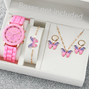 Women's Set with 5 or 6 Pieces – Quartz Watch with Silicone Strap and Jewelry