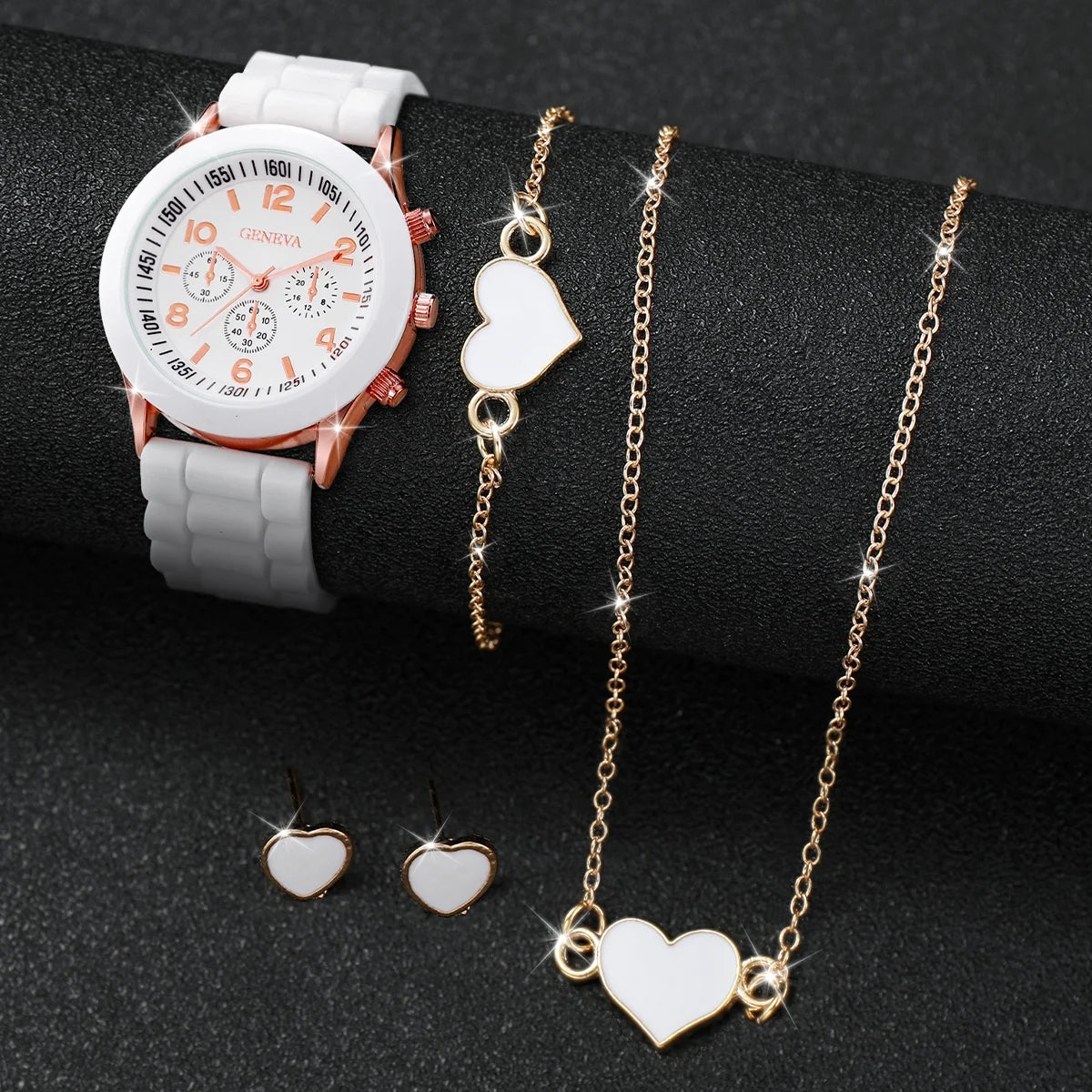 Women's Set with 5 or 6 Pieces – Quartz Watch with Silicone Strap and Jewelry