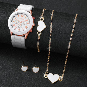 Women's Set with 5 or 6 Pieces – Quartz Watch with Silicone Strap and Jewelry