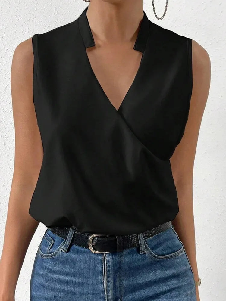 Camiseta Elegante Sem Mangas com Decote em V – Casual para Escritório Primavera/Verão