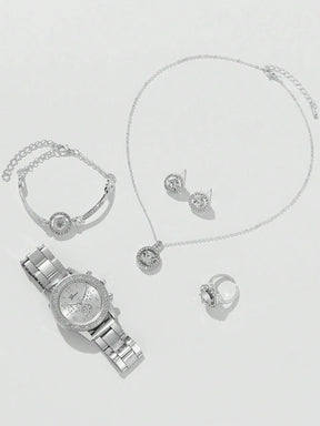 5-in-1 Jewelry Set – Watch with Earrings, Necklace, Ring and Elegant Bracelet