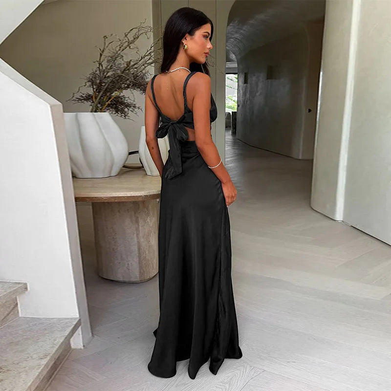 Long Dress with Deep V-Neckline – Elegant Cutouts, Side Slit and High Waist