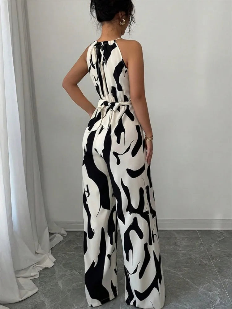 Women's Long Jumpsuit with Halter Neckline – Printed, Sleeveless, High Waist with Bow and Wide Leg Pants 