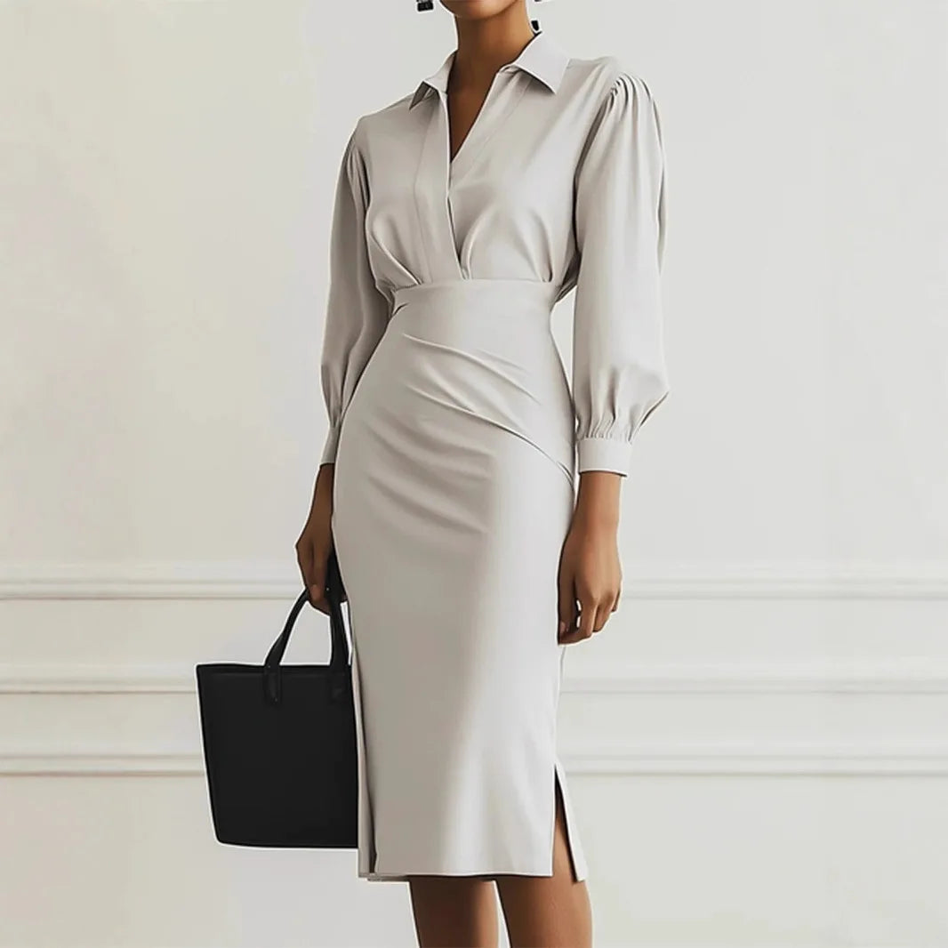Women's Winter Midi Dress 2025 – Pleated Elegance with V-Neckline and Long Sleeves