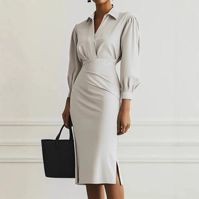 Women's Winter Midi Dress 2025 – Pleated Elegance with V-Neckline and Long Sleeves