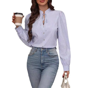 Women's Autumn Blouse – Striped Shirt with Buttons and Long Sleeves