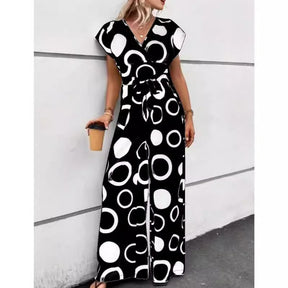 Macacão Feminino Elegante de Verão com Estampa – Manga Curta, Cintura Alta e Pernas Largas