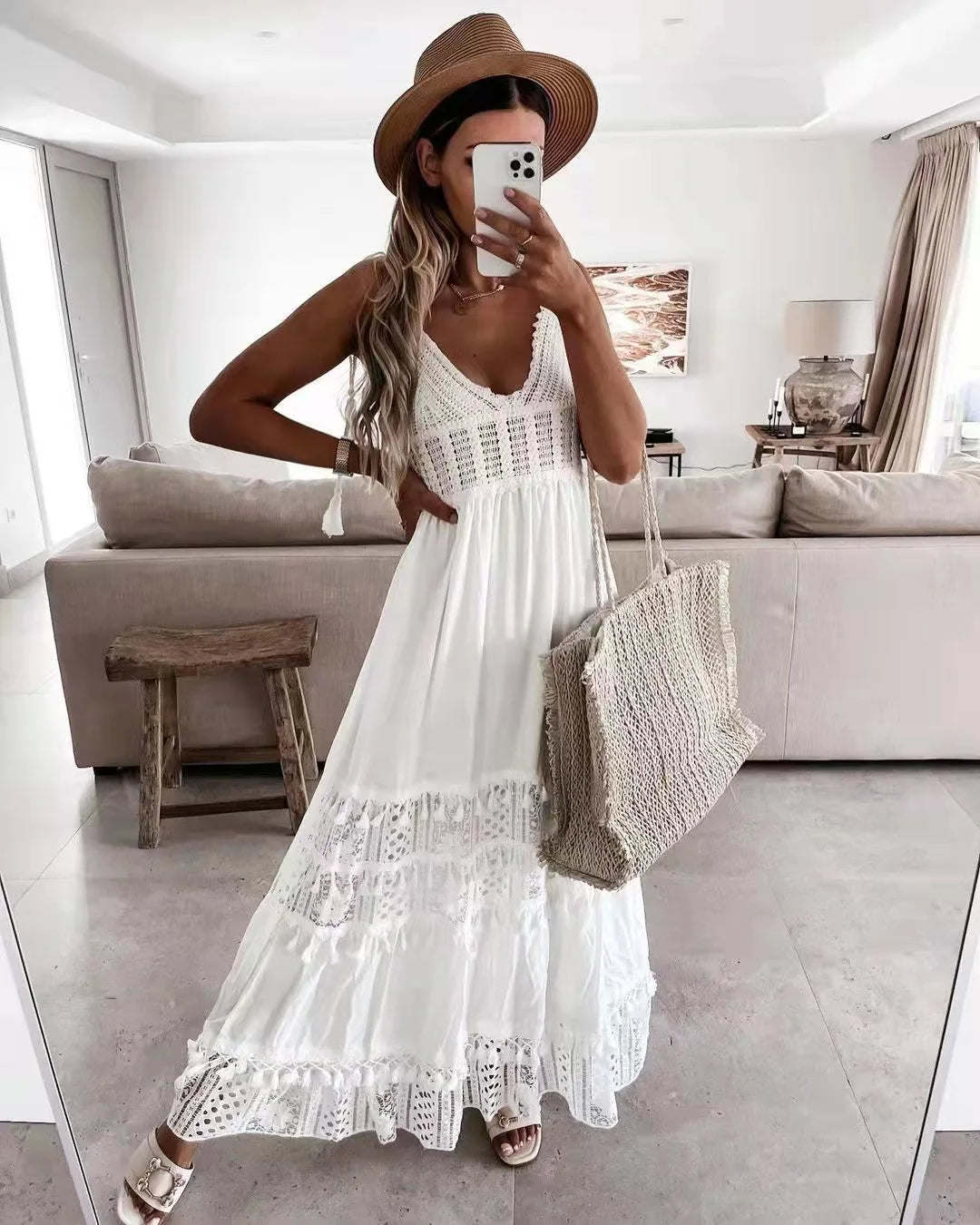 Women's White Lace Long Dress - Ideal for Vacations, Beach and Leisure