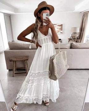 Women's White Lace Long Dress - Ideal for Vacations, Beach and Leisure
