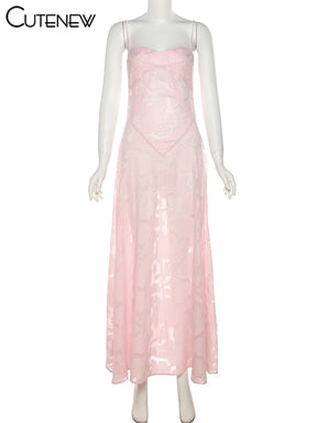 Vestido Maxi Feminino Verão 2025 – Floral Elegante, Tule Transparente, Sem Mangas