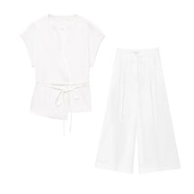 Women's Sleeveless Top and Pants Set – V-Neck, Elegant Belt, and Straight Cut 