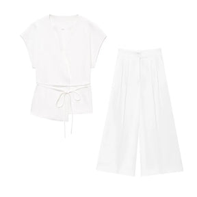 Women's Sleeveless Top and Pants Set – V-Neck, Elegant Belt, and Straight Cut 