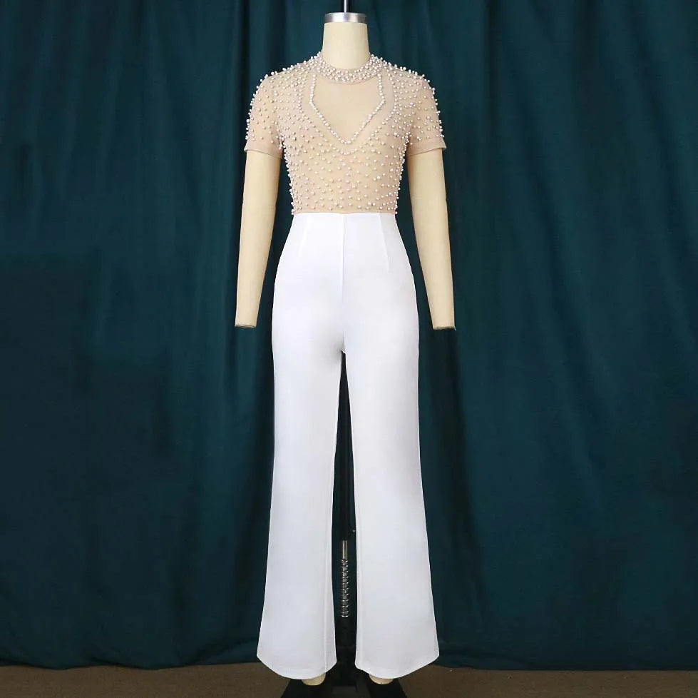 Women's Luxury Pearl Jumpsuit – O-Neck, Short Sleeves and High Waist