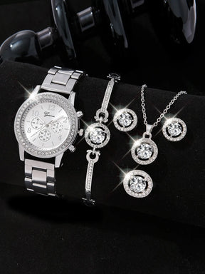 5-in-1 Jewelry Set – Watch with Earrings, Necklace, Ring and Elegant Bracelet