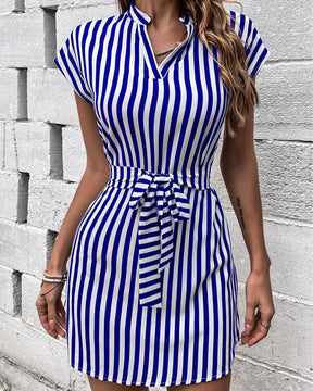 Casual A-Line Dress – Sleeveless, Shirt Collar, and Striped Print 