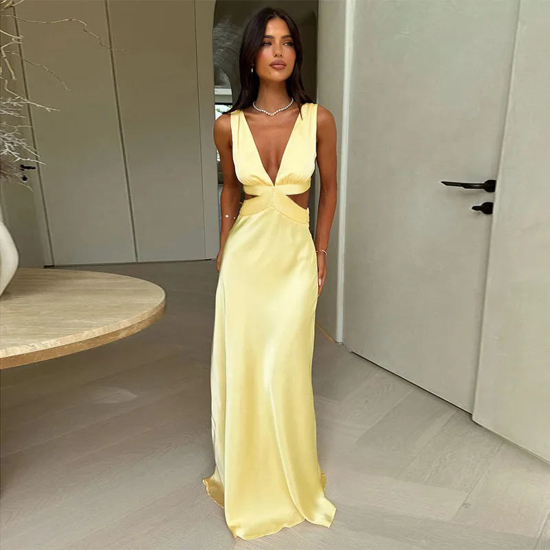 Long Dress with Deep V-Neckline – Elegant Cutouts, Side Slit and High Waist