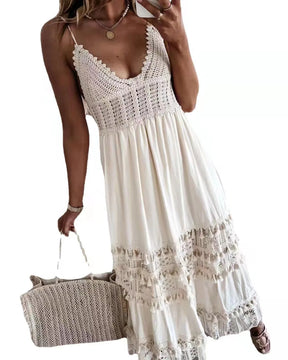 Women's White Lace Long Dress - Ideal for Vacations, Beach and Leisure