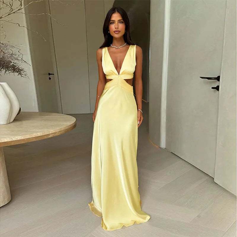 Long Dress with Deep V-Neckline – Elegant Cutouts, Side Slit and High Waist