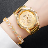 Relógio Feminino Dourado em Aço Inoxidável com Bracelete de Diamantes