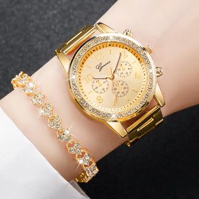 Relógio Feminino Dourado em Aço Inoxidável com Bracelete de Diamantes