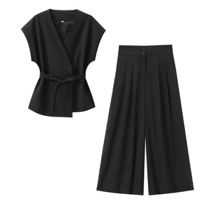 Women's Sleeveless Top and Pants Set – V-Neck, Elegant Belt, and Straight Cut 