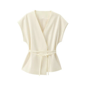 Women's Sleeveless Top and Pants Set – V-Neck, Elegant Belt, and Straight Cut 
