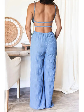 Elegant Women's Sleeveless Jumpsuit – Thin Straps, Open Back and Wide Leg 