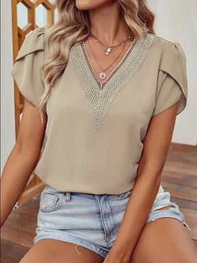 Women's Elegant Summer Chiffon T-shirt – Short Sleeve with Lace and Petal Cut