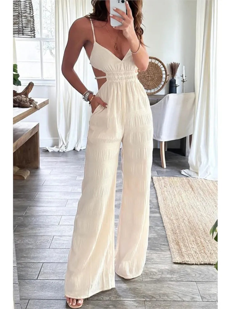 Elegant Women's Sleeveless Jumpsuit – Thin Straps, Open Back and Wide Leg 