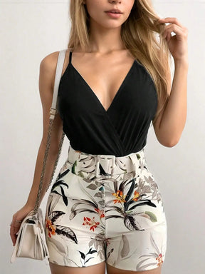 Women's Summer Set – Floral Print Tank Top and Shorts with Waist Belt