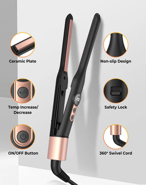 Mini Ceramic Hair Straightener with Tourmaline – Ideal for Short Hair, Beards and Pixie Cuts – 3/10 Inch Blade
