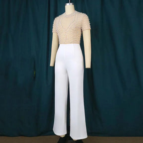 Women's Luxury Pearl Jumpsuit – O-Neck, Short Sleeves and High Waist