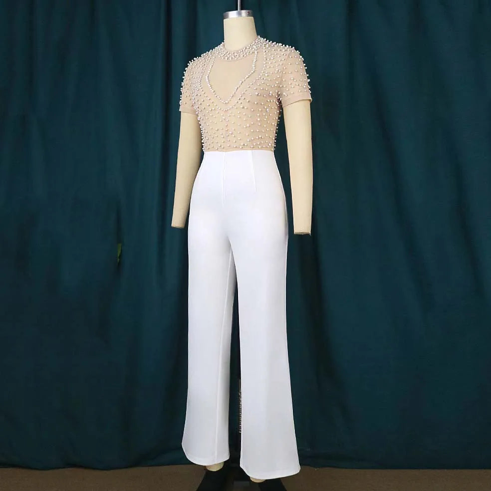 Women's Luxury Pearl Jumpsuit – O-Neck, Short Sleeves and High Waist