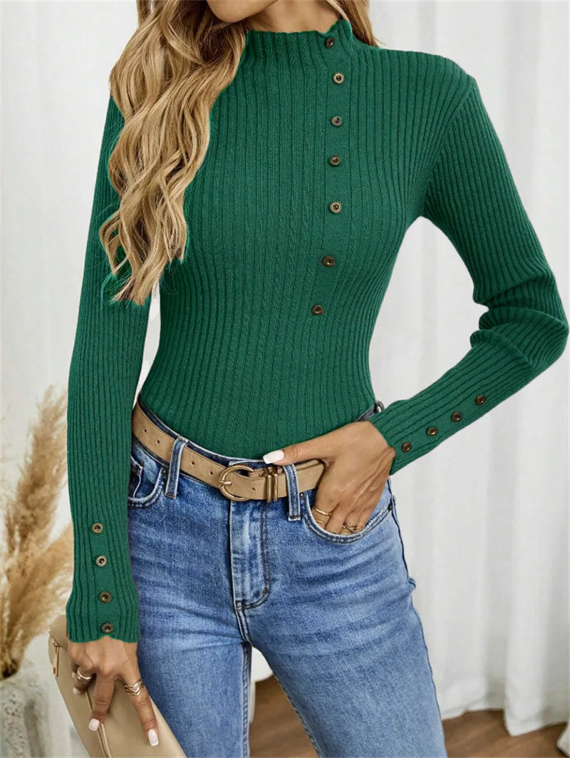 Blusa Elegante de Malha com Botões e Manga Comprida – Camada Confortável