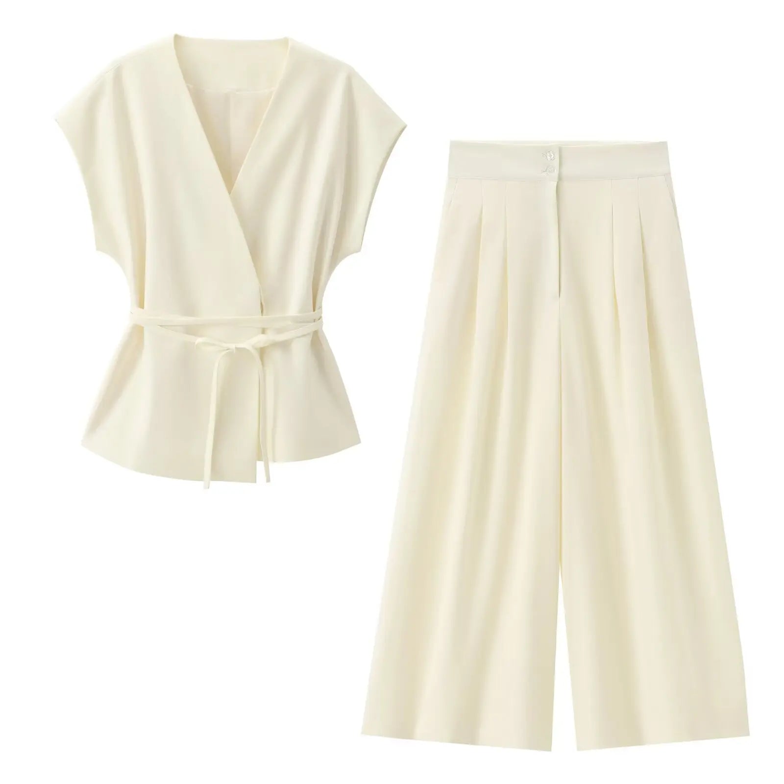 Women's Sleeveless Top and Pants Set – V-Neck, Elegant Belt, and Straight Cut 
