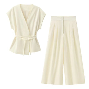 Women's Sleeveless Top and Pants Set – V-Neck, Elegant Belt, and Straight Cut 