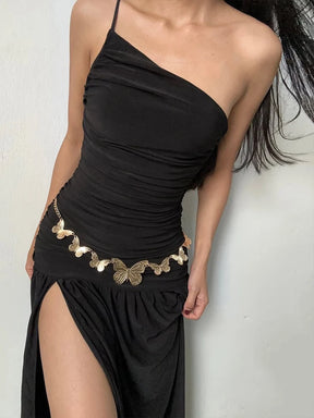 Vestido Verão 2025 com Fendas Altas – Elegante, Sem Mangas, Decote Assimétrico
