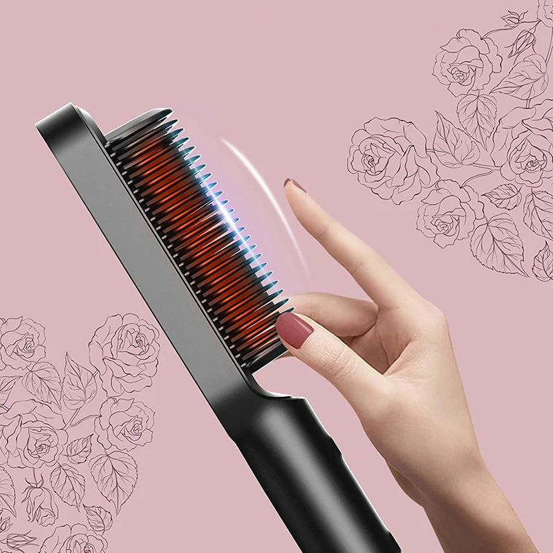 2-in-1 Electric Straightening Brush – Fast Heating Straightener and Curler