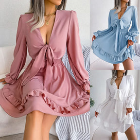 Elegant Short Long Sleeve Dress with Tie – Casual Spring/Summer