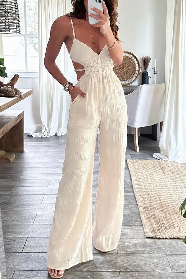 Elegant Women's Sleeveless Jumpsuit – Thin Straps, Open Back and Wide Leg 