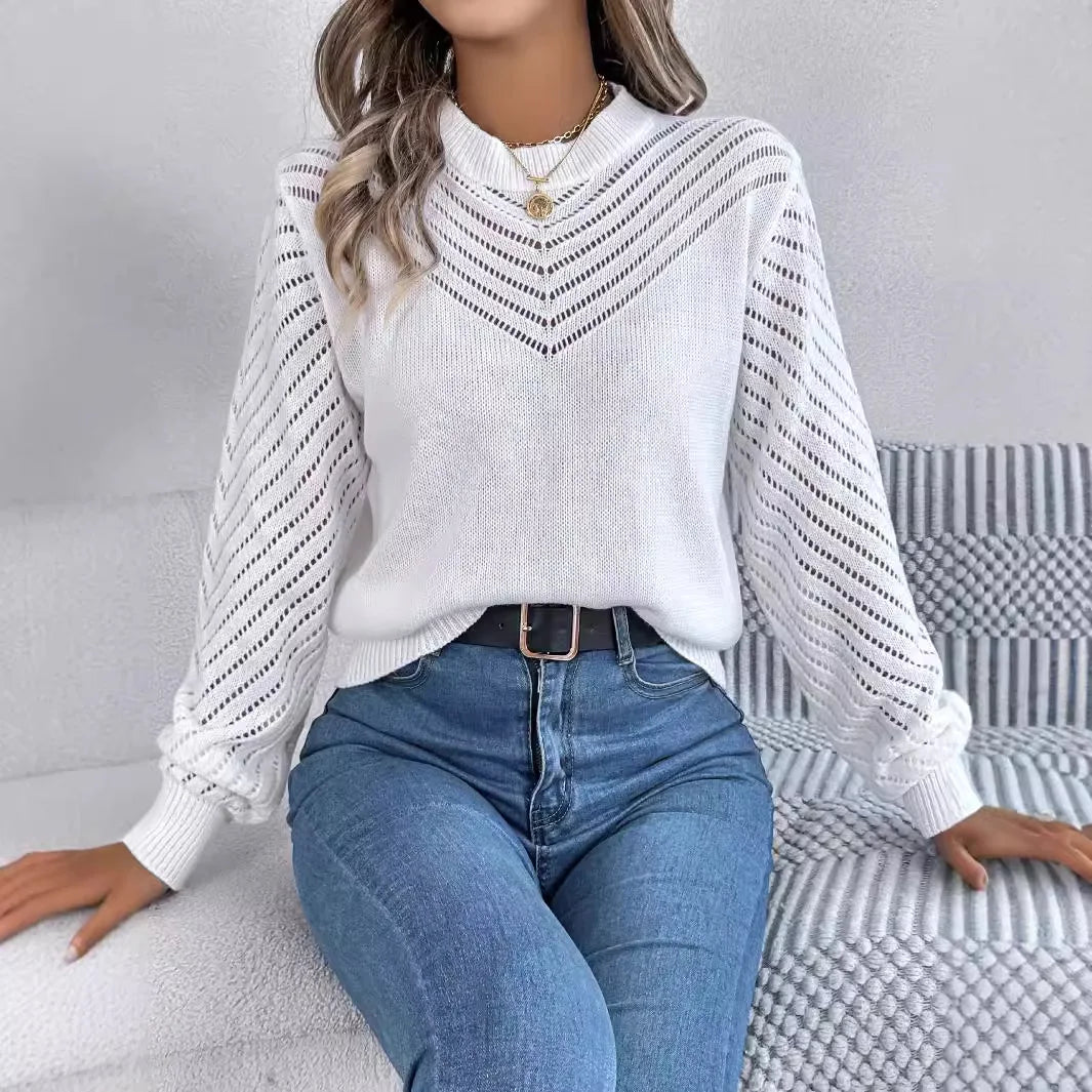 Blusa de Outono com Gola Redonda e Mangas Lanterna – Tricot Casual