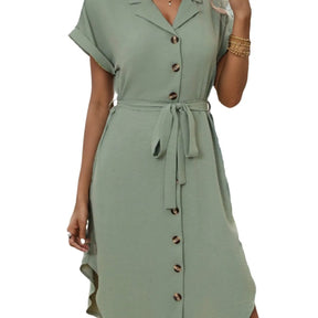 Green Midi Dress – Shirt Style with Bow Tie | Casual Elegance