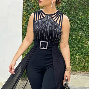 Women's Long and Elegant Sleeveless Jumpsuit – Bow-Tie, Shiny Applique Waist and Tulle Details
