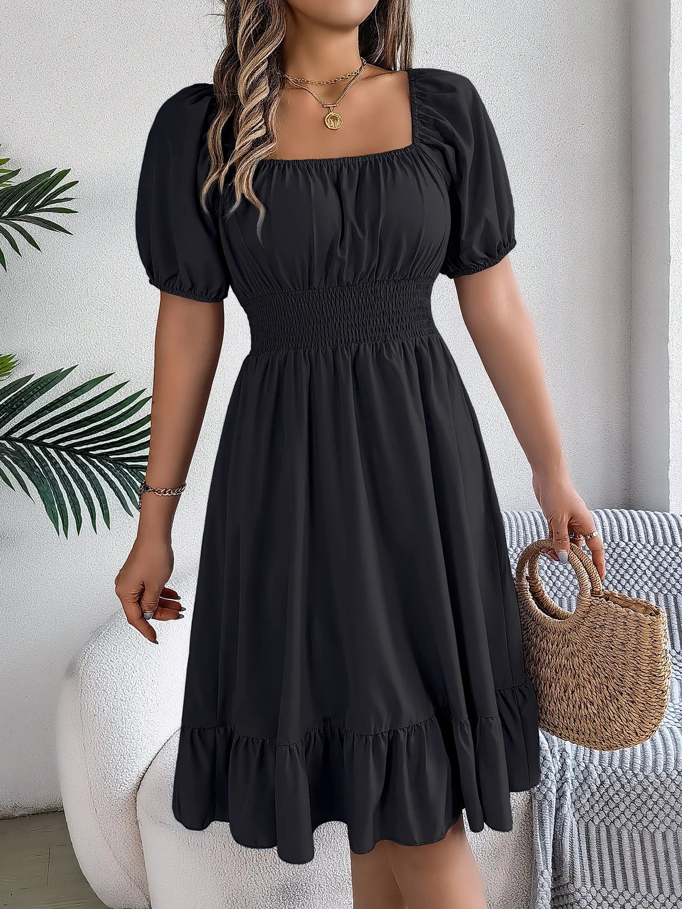 Midi Dress – Summer Casual with Square Neckline, Short Sleeves and Ruffled Waist
