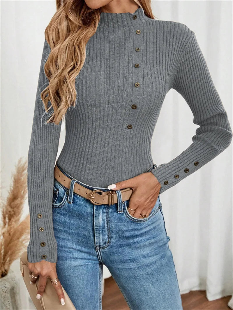 Blusa Elegante de Malha com Botões e Manga Comprida – Camada Confortável