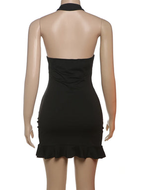 Vestido Mini Feminino com Renda e Nós Metálicos – Sem Costas, Halter, Justo