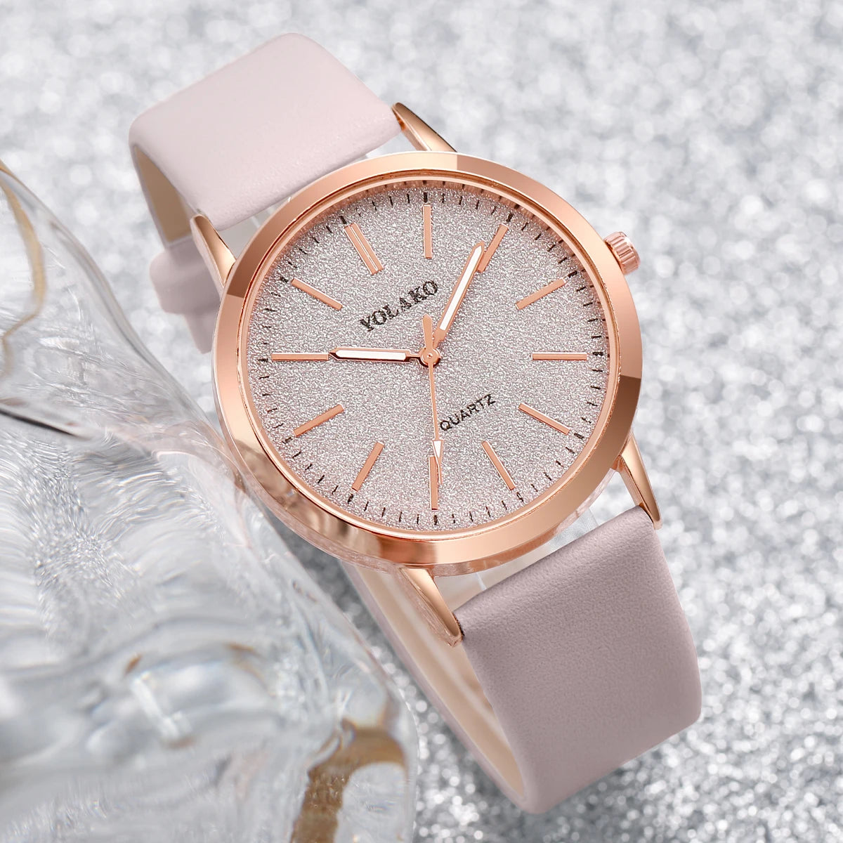 6-Piece Women's Set – Watch with Leather Bracelet and Rosé Jewelry Set with Heart 