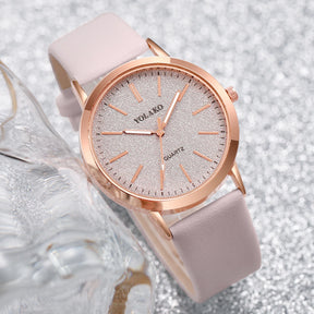 6-Piece Women's Set – Watch with Leather Bracelet and Rosé Jewelry Set with Heart 